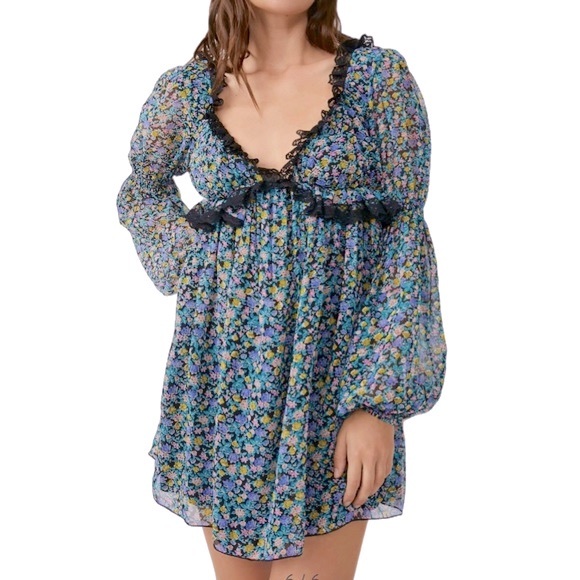 NWT FREE PEOPLE Pennie Babydoll Minidress in Green Combo - Picture 2 of 13